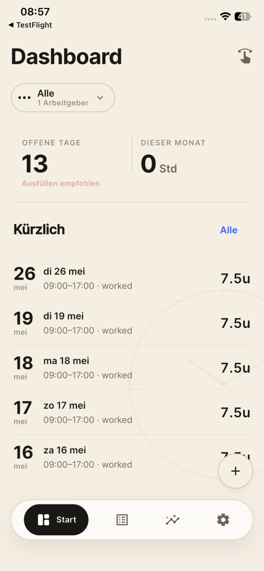 StundenApp Dashboard mit Wochenübersicht